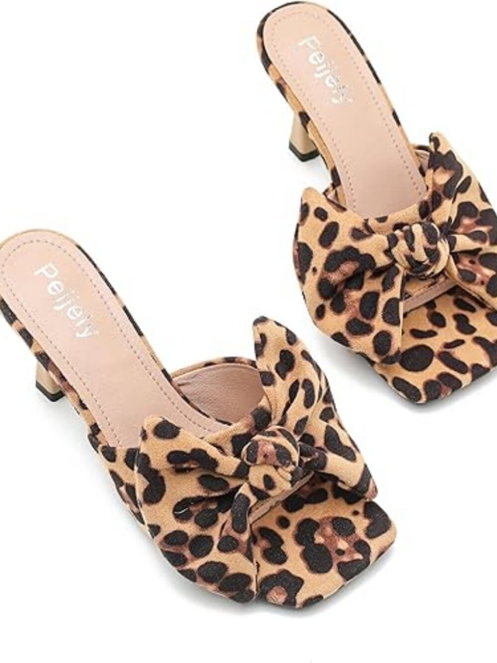 Women's Bow Mules, Square Open Toe Sandals with Kitten Heel, Slip-On Summer